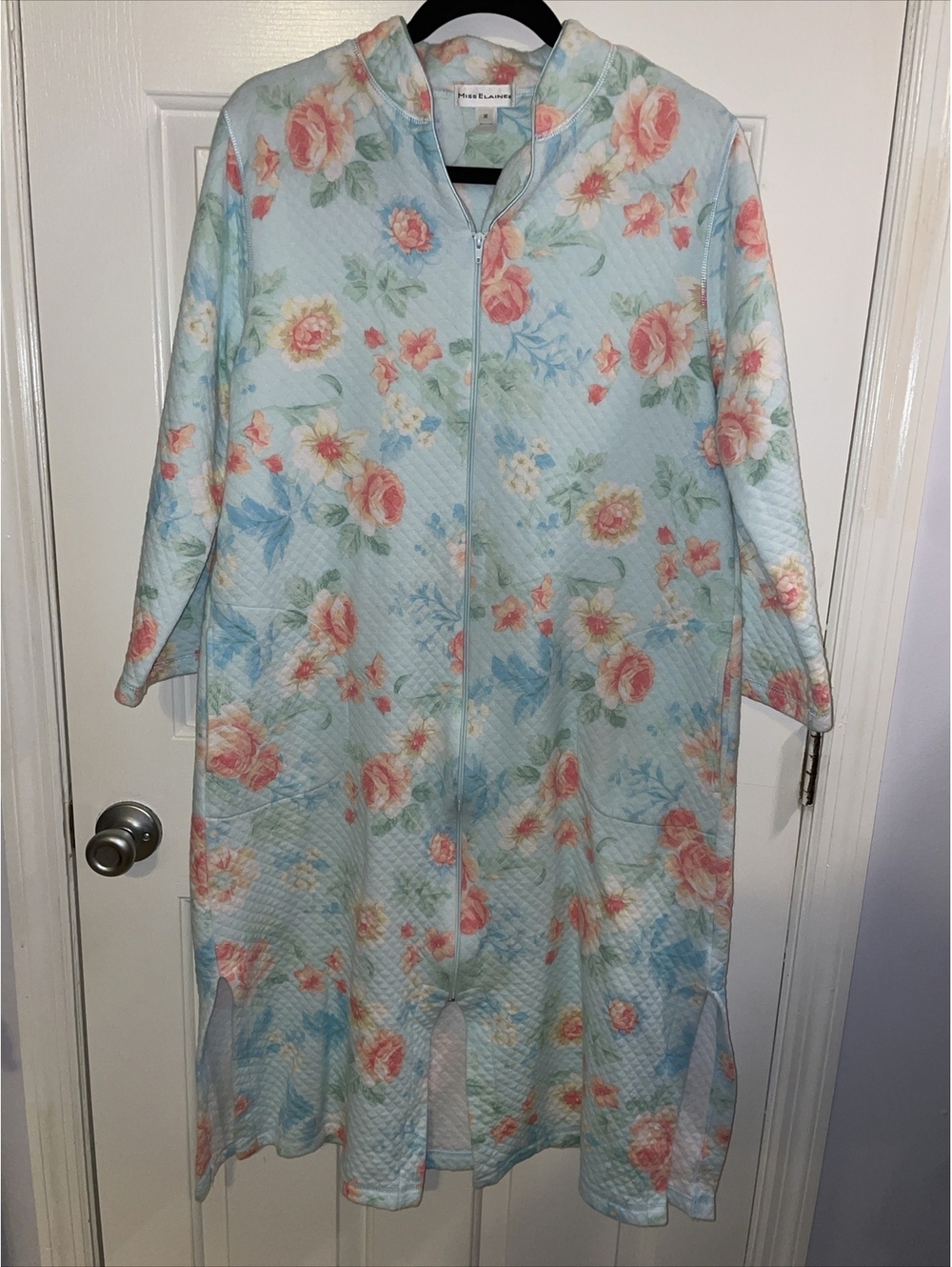 Miss Elaine Robe Womens Medium Blue Floral Full Zip Quilted